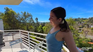 Violet Dawn balcony blowjob sex scene