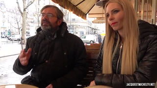 Blonde woman outdoors with bearded man sex scene