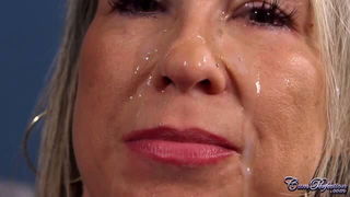 Blonde MILF standing deepthroat facial sex scene